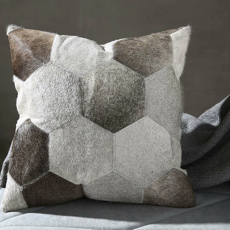 Staunton And Henry Geometric Grey Patchwork Hide Throw Cushion