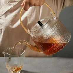 Staunton And Henry Modern Oriental Glass Tea Pot Set With Bamboo Handle