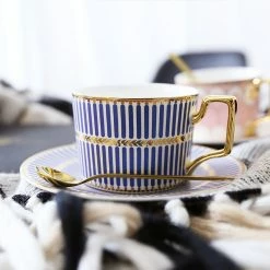 Staunton And Henry Gatsby Elegant Modern Tea Cup And Saucer - With Gold Spoon Kitchen