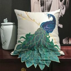 Staunton And Henry Home Accessories Satin Embroidered Peacock Throw Cushion