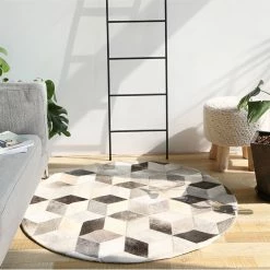 Staunton And Henry Grey And White Patchwork Round Cowhide Rug