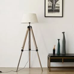 Staunton And Henry Lighting Wood Tripod Floorlamp With Beige Shade