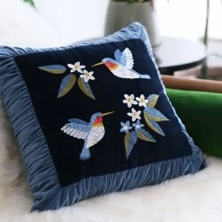 Staunton And Henry Retro Embroidered Hummingbird Decorative Cushion Home Accessories