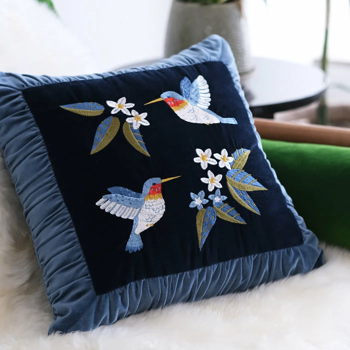 Staunton And Henry Retro Embroidered Hummingbird Decorative Cushion Home Accessories