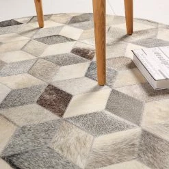 Staunton And Henry Grey And White Patchwork Round Cowhide Rug