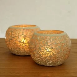 Staunton And Henry White Glass Mosaic Candle Holders - Set Of 2