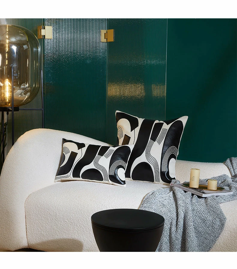 Staunton And Henry Home Accessories Modern Applique Leather Black And White Throw Cushion