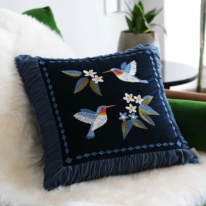 Staunton And Henry Retro Embroidered Hummingbird Decorative Cushion Home Accessories