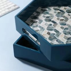 Staunton And Henry Decorative Objects Lacquered Blue Mother Of Pearl Inlay Square Tray