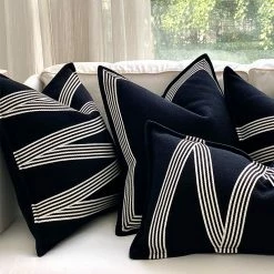 Staunton And Henry Home Accessories Heavy Linen Black Base And White Stripes Cushions